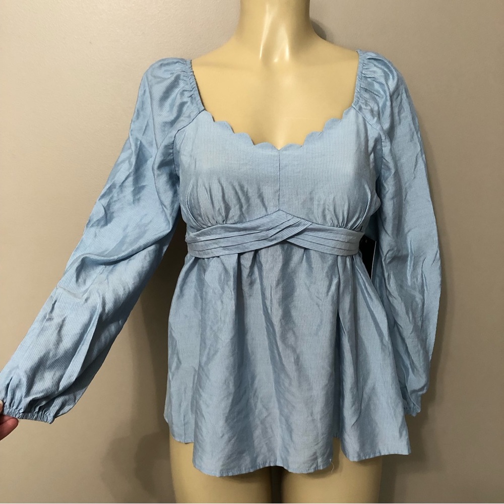 Fifty Street LS Blue Scalloped Neck Tie Waist Blouse Women’s Size Medium NWT
